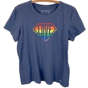Life Is Good Love Pride Rainbow Logo Blue Tee T-Shirt Women's sz L